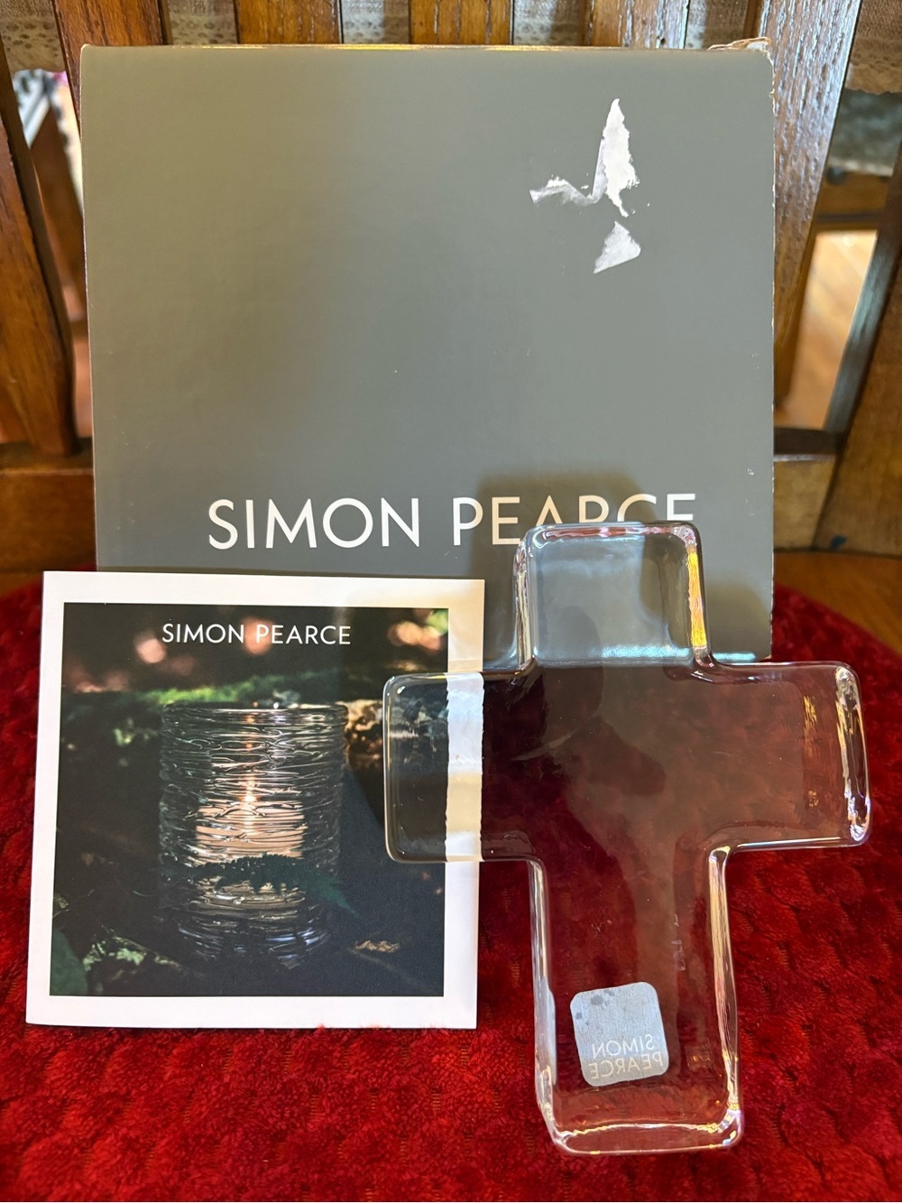 Simon Pearce Hand Blown Glass Cross Paperweight 5” w/ Box & Card Signed Sticker